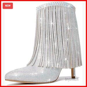 Glitter Rhinestone Ankle Boots Sparkly Fringe Pointed Toe Stiletto Heels